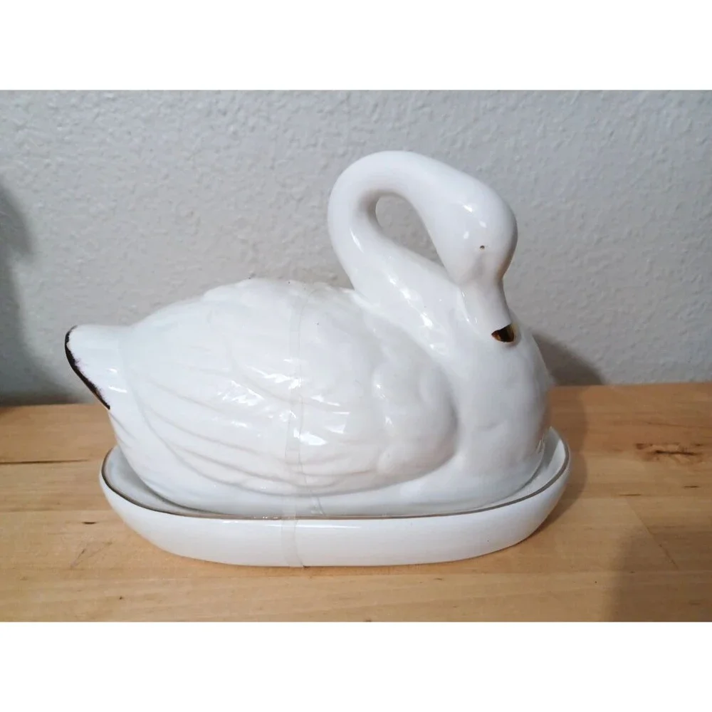 New Grace Tea Ware Butter Dish Sculpted Swan White And Gold